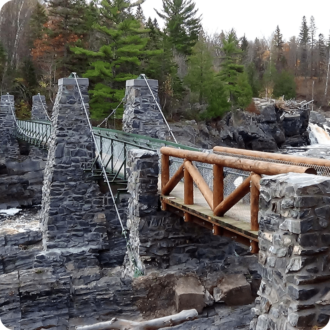 Impressive stone and cable bridge structure located at Jay Cooke State Park in Minnesota